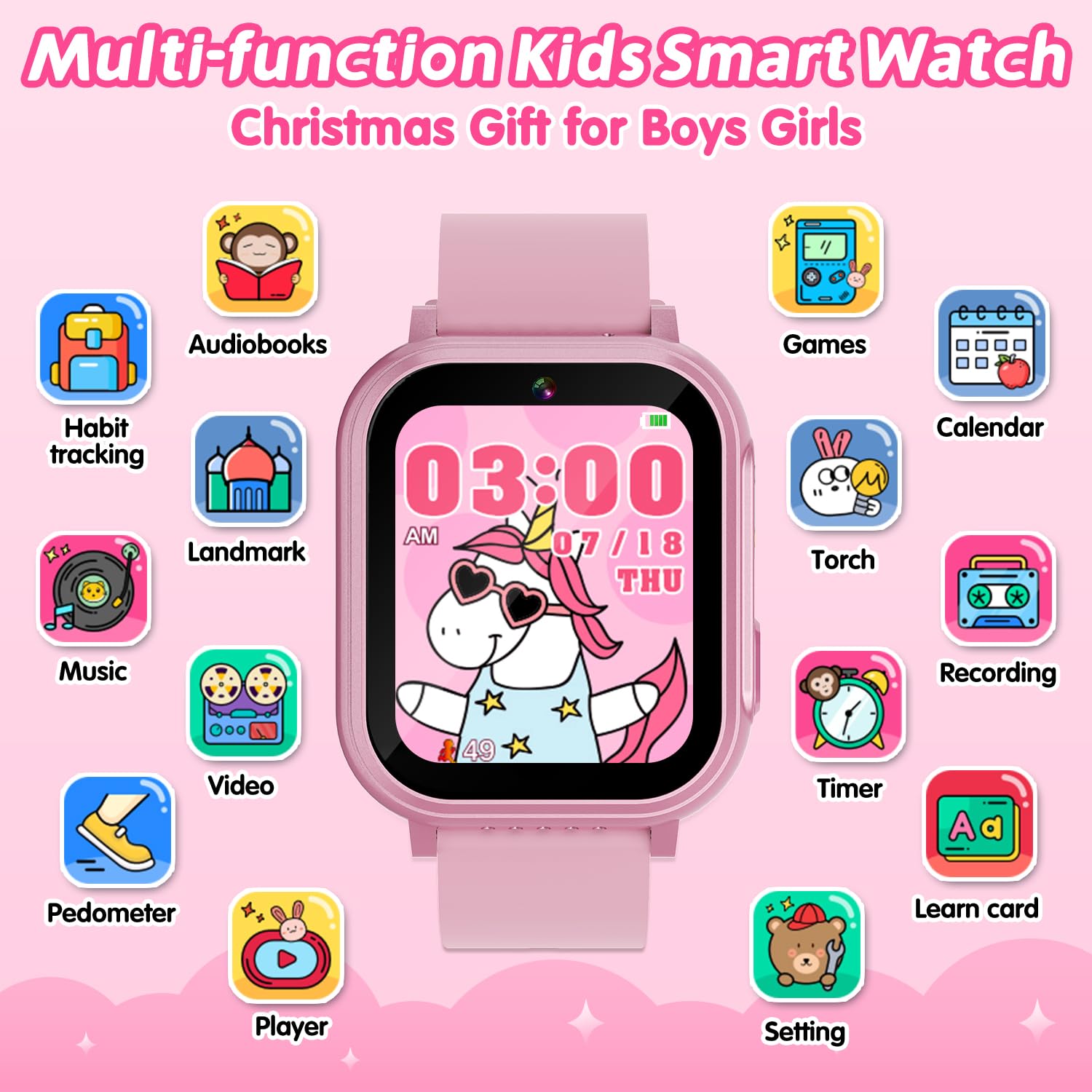 Cosjoype Kids Waterproof Smart Watch, 32 Games Hd Touchscreen Kids Watch With Dual Camera Video Music Player Pedometer Flashligh