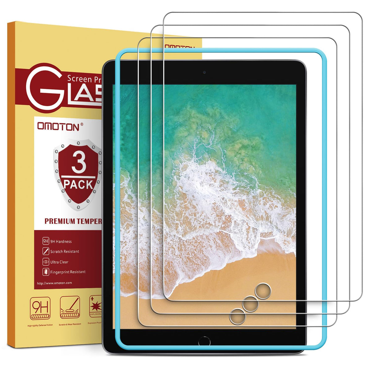 Omoton 3 Pack Screen Protector For Ipad 6Th 5Th Generation, Tempered Glass Screen Protector Compatible With Apple Ipad Pro 9.7 / Ipad Air 2 / Ipad Air 9.7 Inch With Alignment Frame, Case Friendly