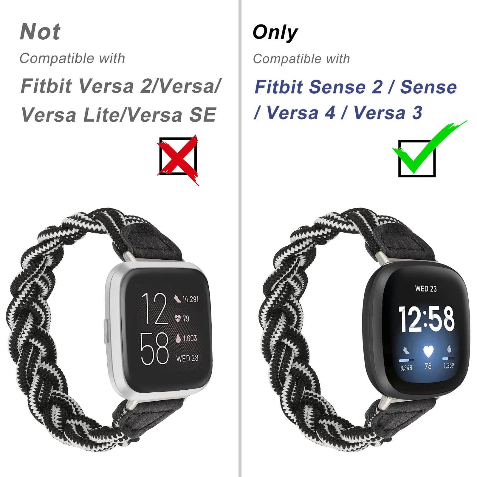 Wearlizer Elastic Band Compatible With Fitbit Sense/Versa 3/Sense 2/Versa 4 For Women, Slim Solo Loop Braided Strap Stretchy Wov