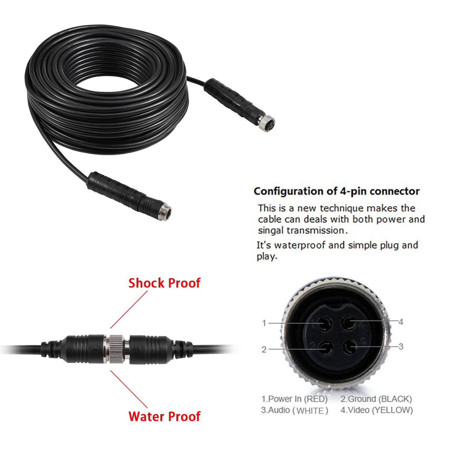 Dallux Backup Camera Cable 4Pin Video Power Aviation Extension Wire For Vehicle Car Camper Bus Van Truck Motorhome Trailer Rv Re