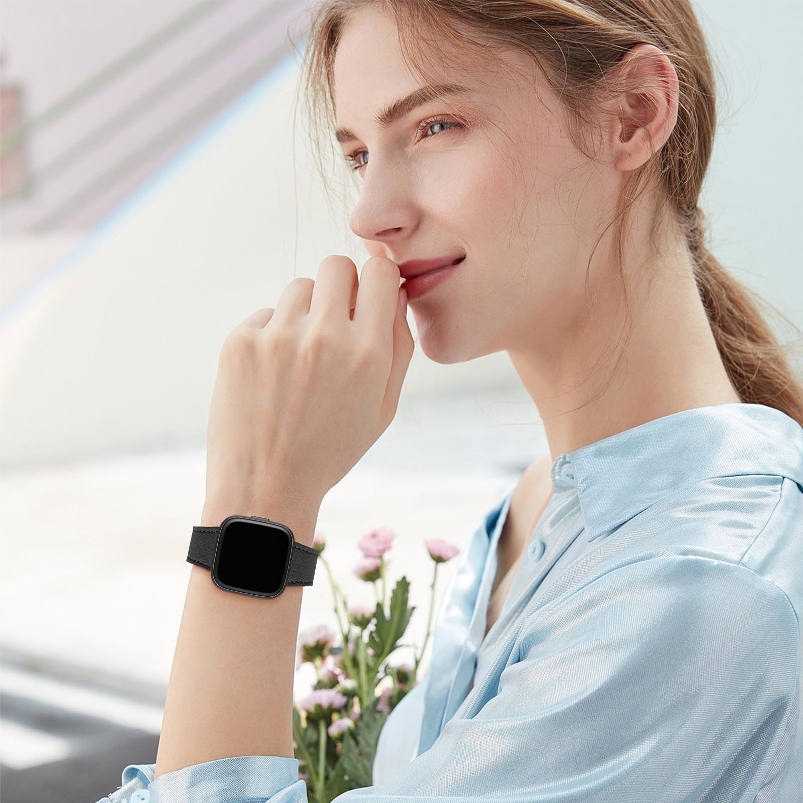 Wfeagl For Fitbit Versa Band, Top Grain Leather Band For Fitbit Versa Fitness Smart Watch (Black Band + Black Buckle)