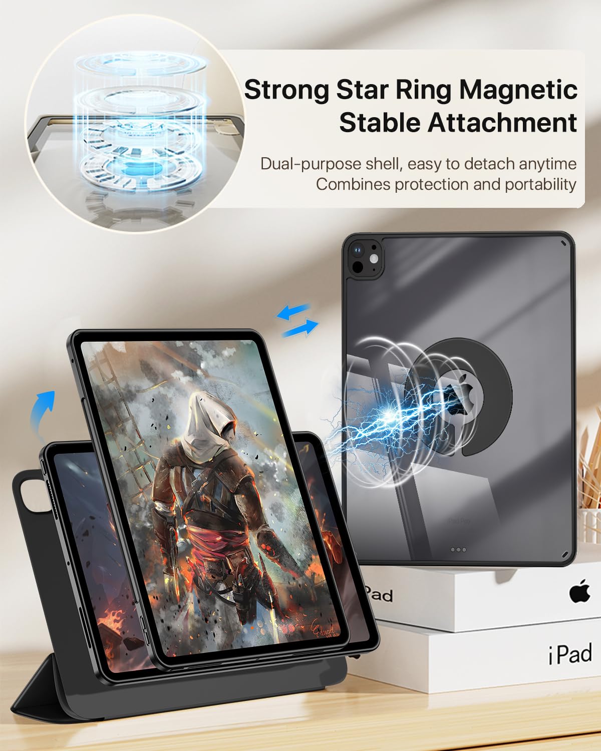 Sanduodd For Ipad Pro 13 Inch Case 2024, Removable 360 Rotating Clear Magnetic Case With Hidden Pencil Holder And Tri Fold Pu Le