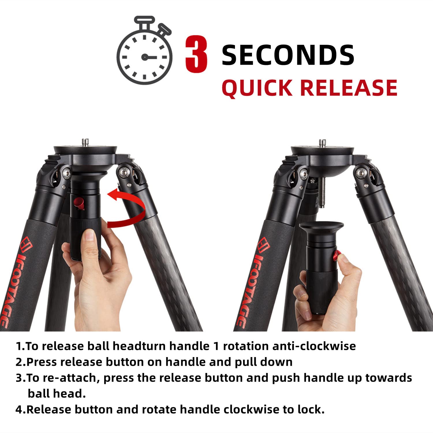 Ifootage Gazelle Tc7 Carbon Camera Tripod, 61'' Professional Video Tripod 3 Sections With Quick Release Handle,Compatible With D