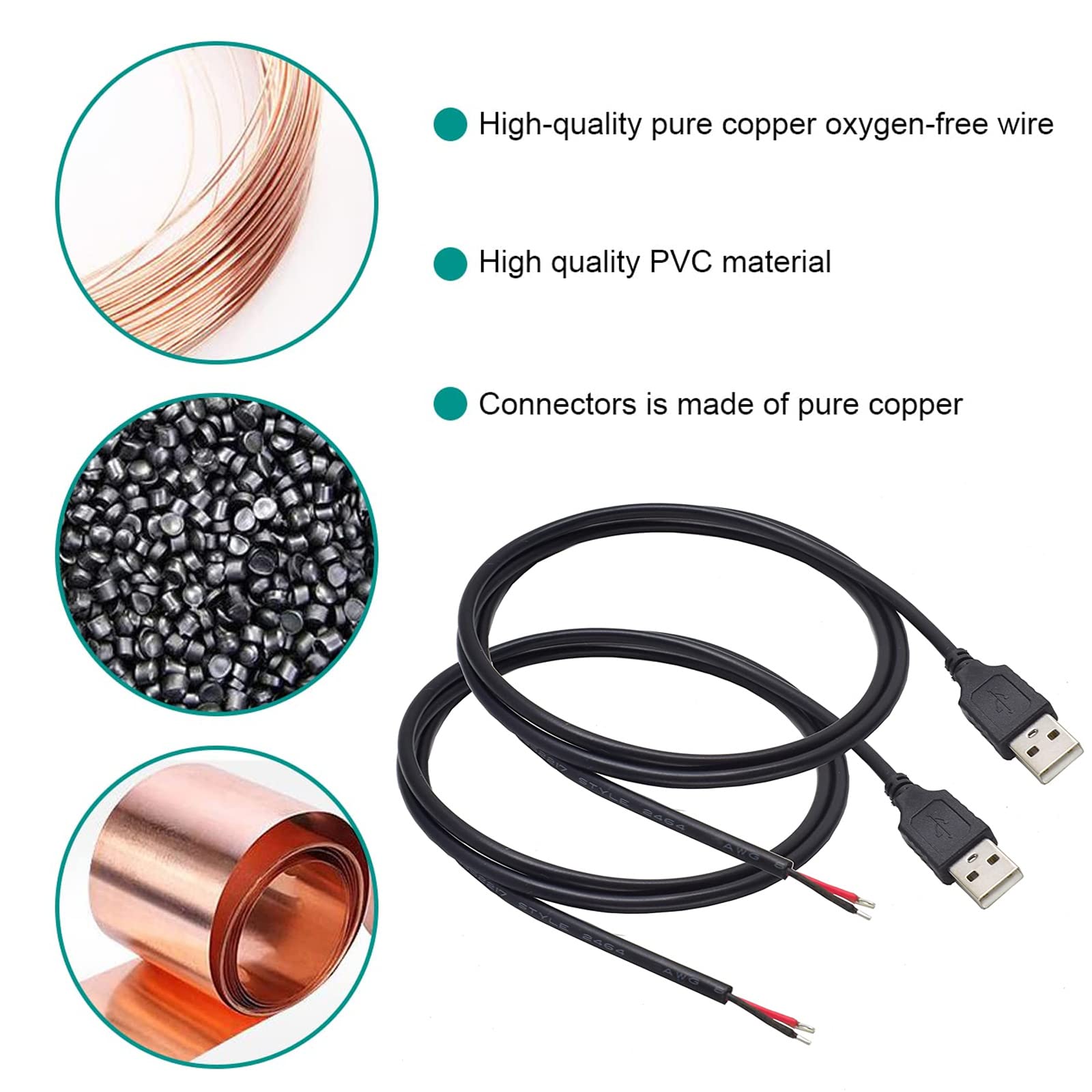 Xmsjsiy Usb 2.0 Male Bare Cable Pigtail Open End Extension Cables 5V 3A Power Charge Wires Diy Connector Replacement Cable Cord