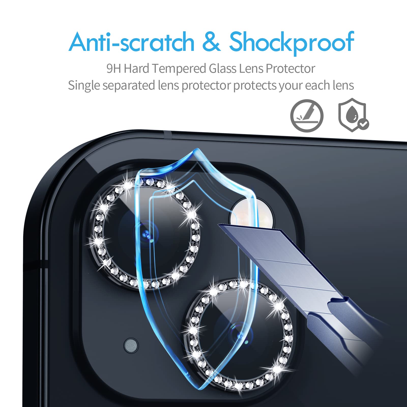 Xfilm Bling Diamond Individual Camera Lens Protector For Iphone 13 / Iphone 13 Mini, Hd Clear Tempered Glass Camera Lens Screen
