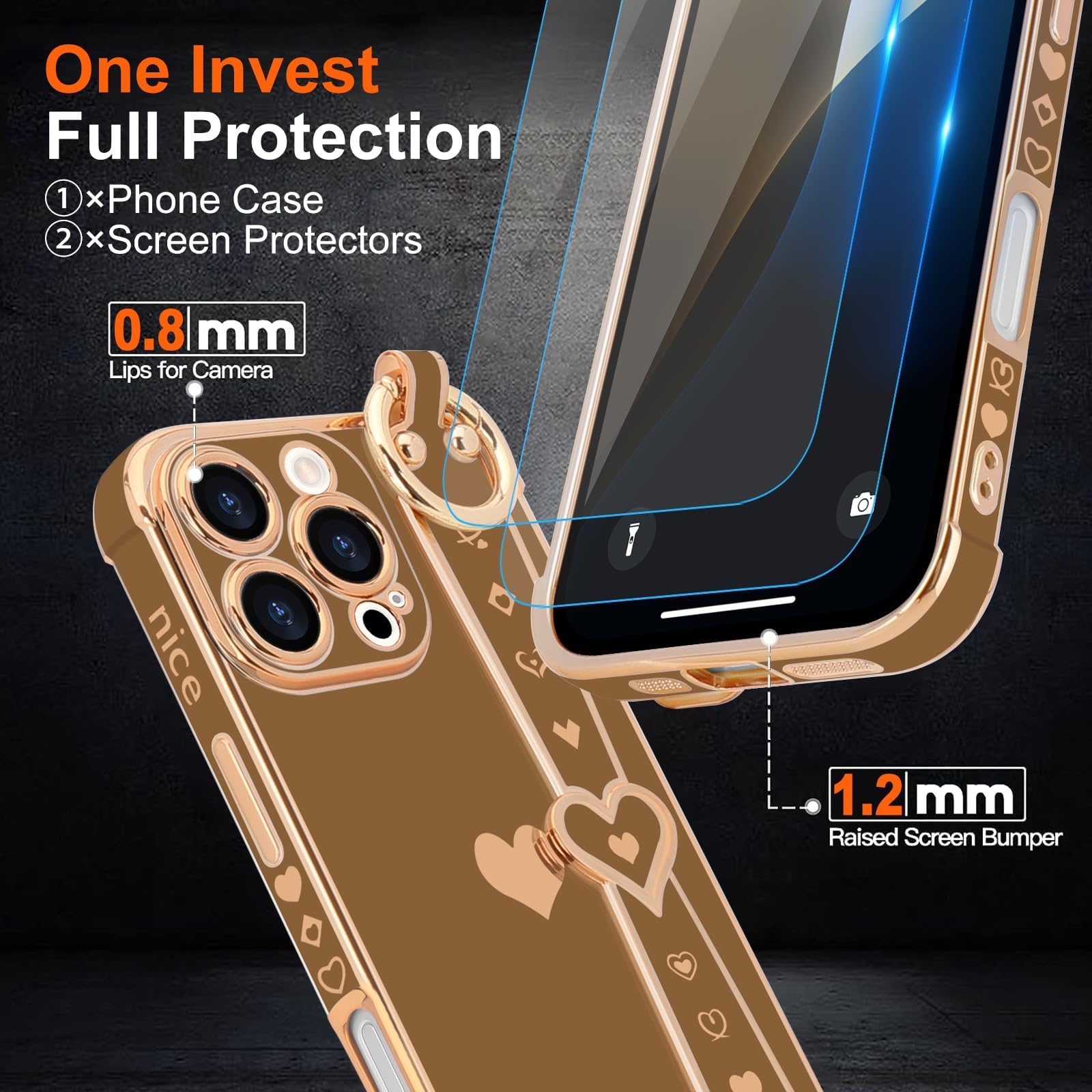 Llz.Coque For Iphone 16 Pro Case With Strap For Women Girls [2   Screen Protectors], Cute Love Hearts Design, Wristband Kickstan