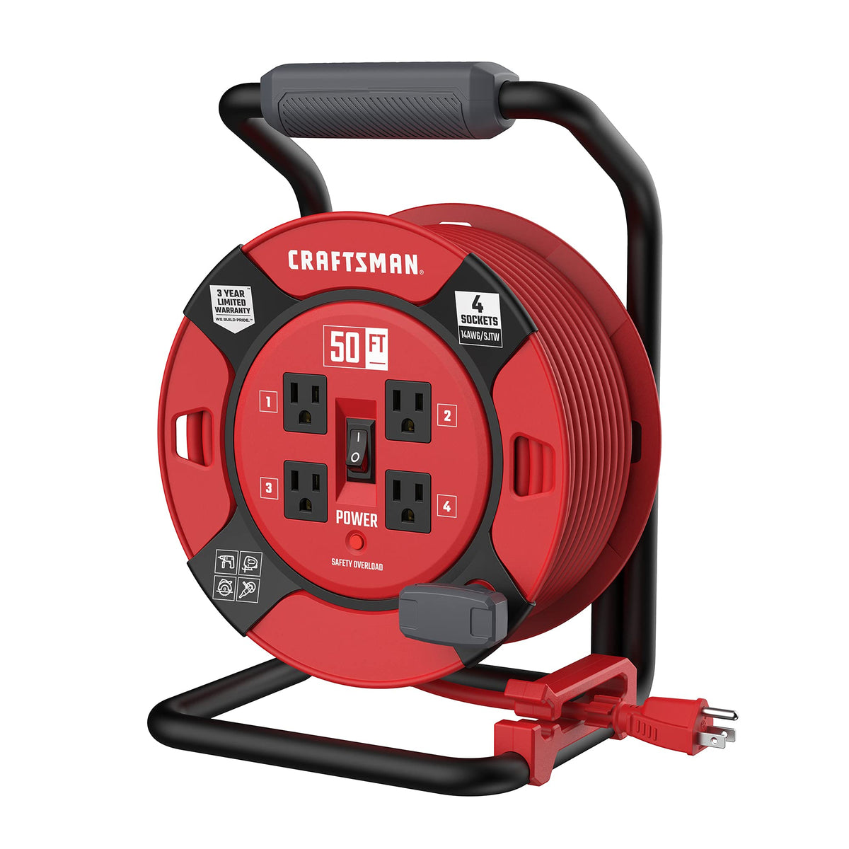 Craftsman Retractable Extension Cord Reel 50 Ft. With 4 Outlets & Heavy Duty 14Awg Sjtw Cable