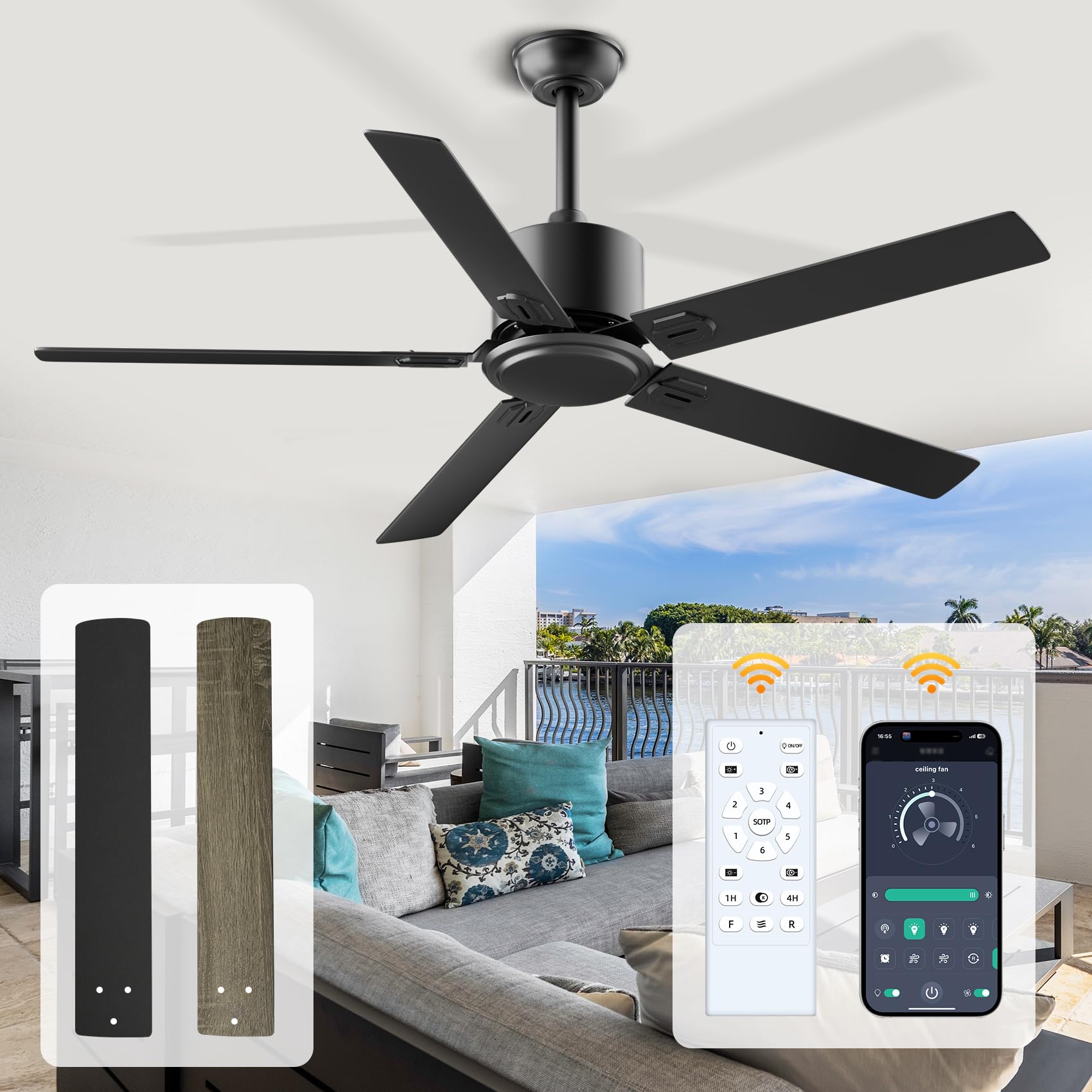 Alescu 60 Inch Outdoor Ceiling Fan No Light   Modern Flush Mount Low Profile Dc Motor Fan With App And Remote Control, 5 Blades