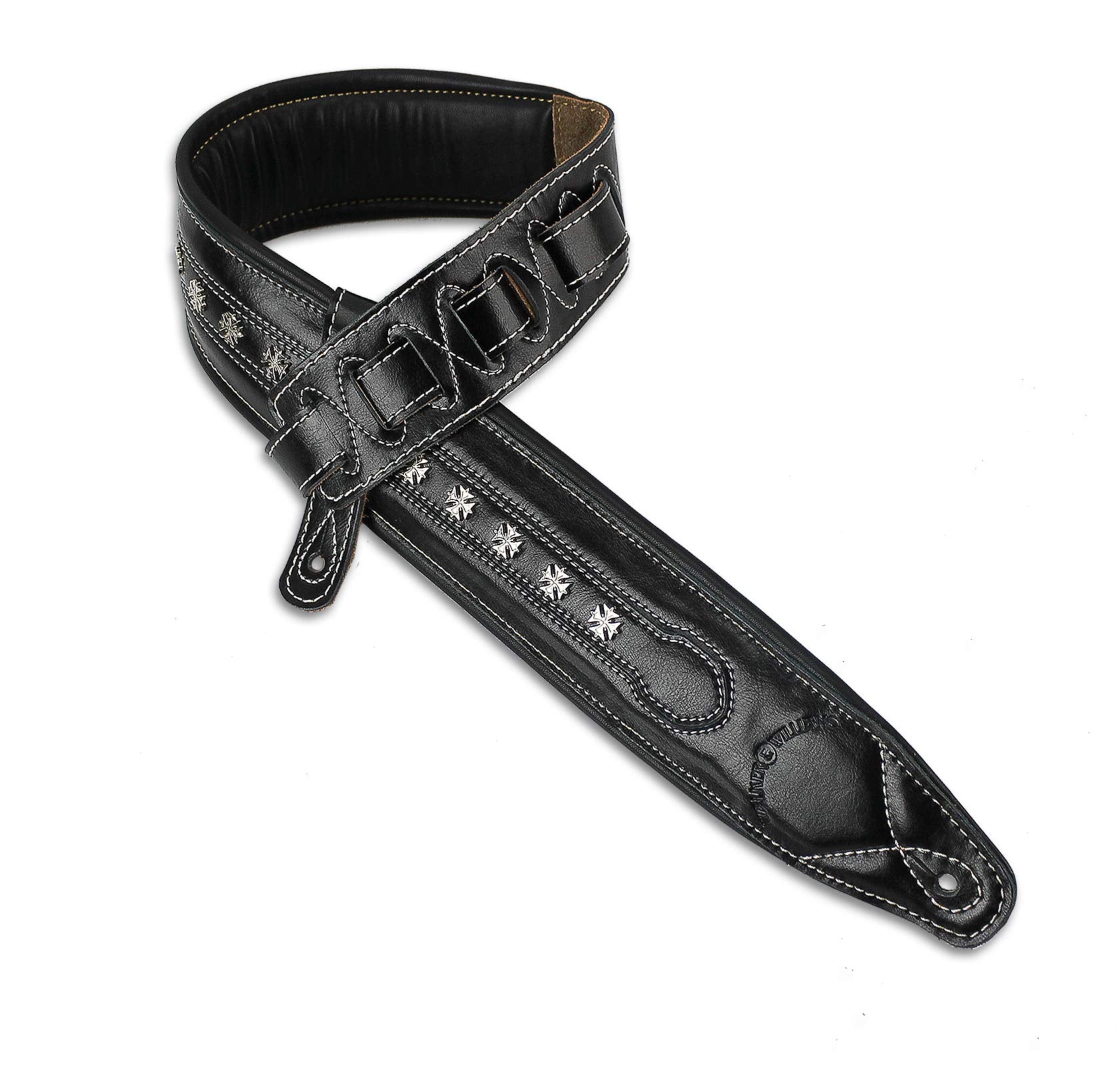 Walker & Williams C 35 Blk Smooth Texture Premium Black Full Grain Leather Soft Padded Guitar Strap With Metal Crosses For Acous