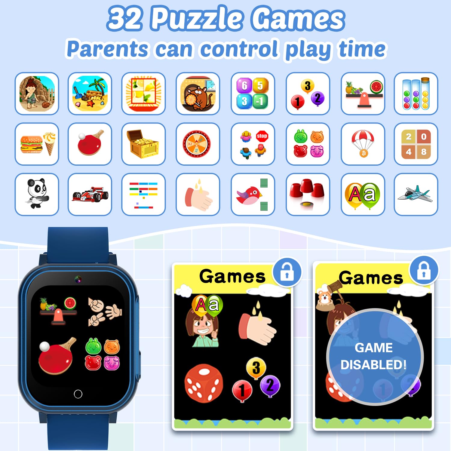 Waterproof Smart Watch For Kids Toys For Boys Age 5-12 With 32 Games, Dual Camera, Habit Tracking, Music Player, Video, Alarm Cl