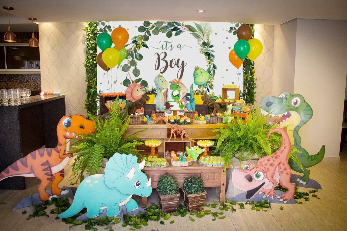 5X3Ft It'S A Boy Backdrop Baby Shower Cartoon Dinosaur Cactus And Eucalyptus Leaves Photography Background Kids Party Supplies C