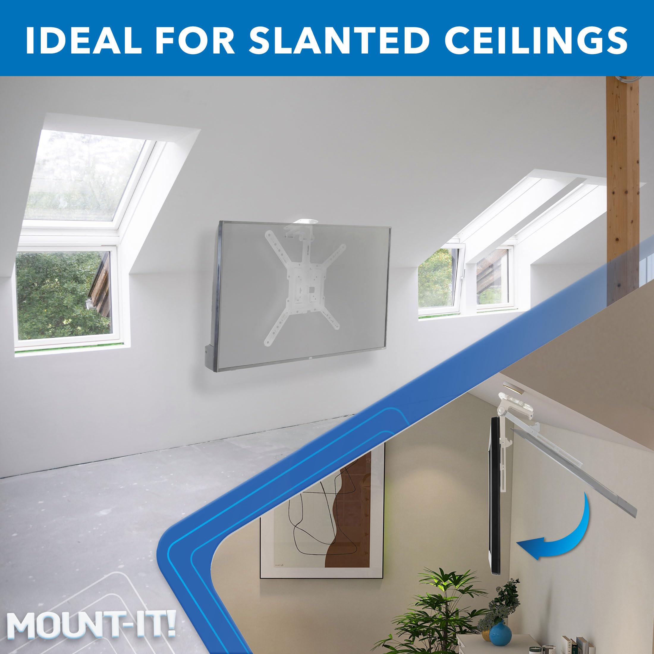 Mount It! Flip Down TV Mount | Folding Ceiling TV Mount for 23 to 55 Inch | Heavy Duty Bracket for Roof and Slanted Walls | Universal VESA up to 400x400mm, Height Adjustable 44 Lbs Capacity, White