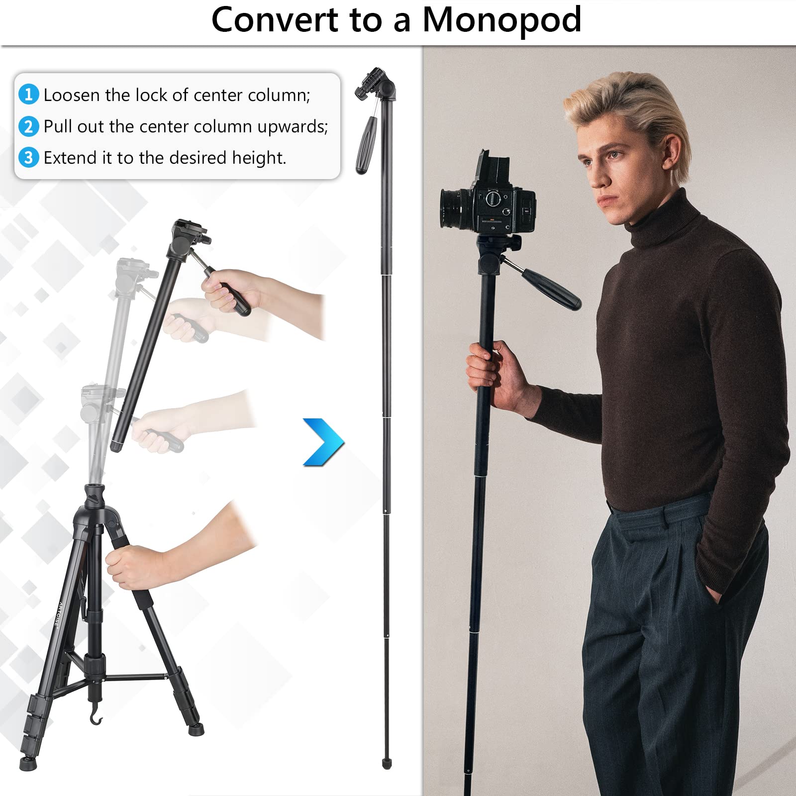 70� Camera Tripod Monopod Horizontal Tripod 3 In 1 Multifunctional Tripod Lightweight Aluminum Tripod With 360� Adjustable Ball Head And Two Phone Holder Mount For Dslr Camera Cell Phone And Dv Video