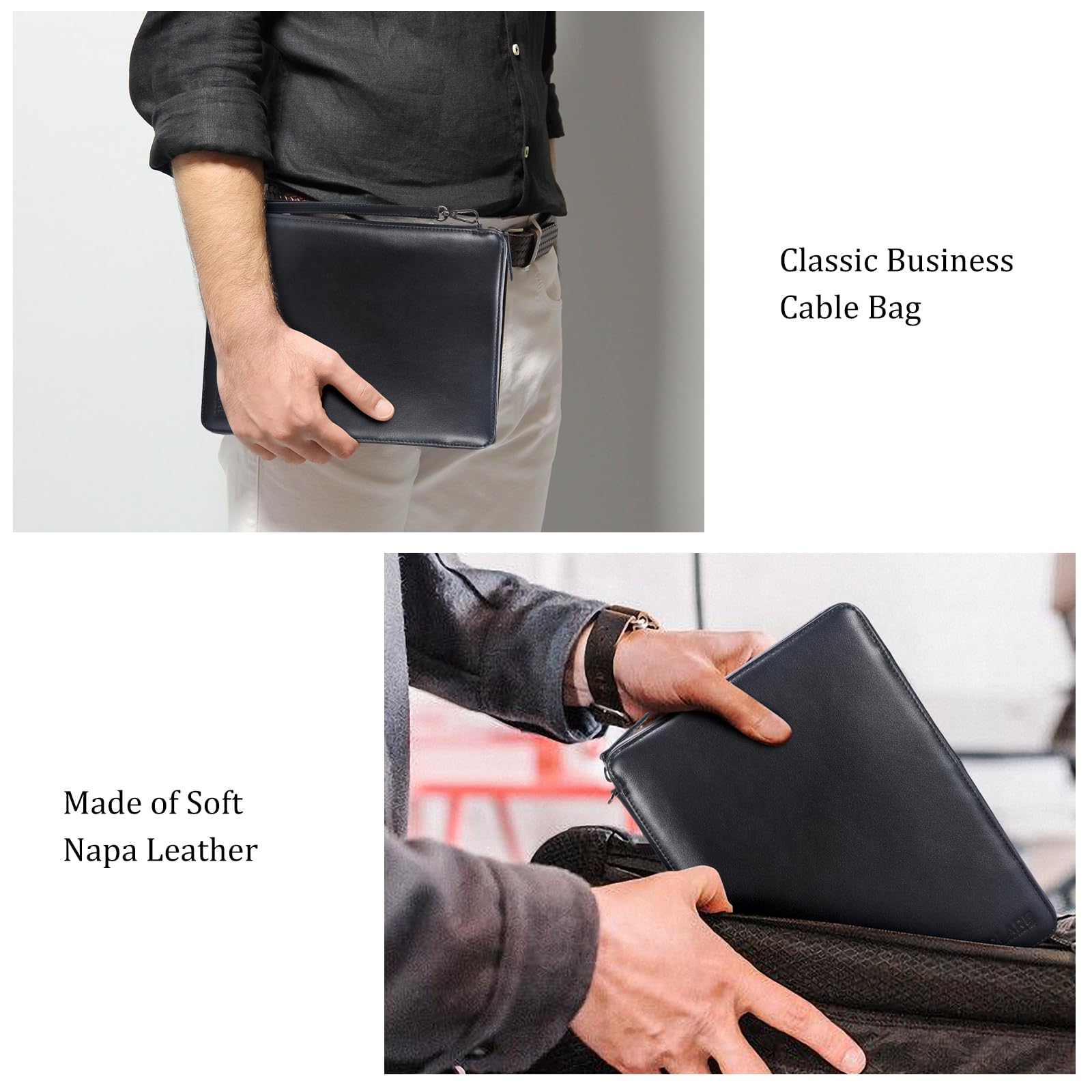 POLARE ORIGINAL Napa Leather Travel Electronics Cable Organizer Case Black