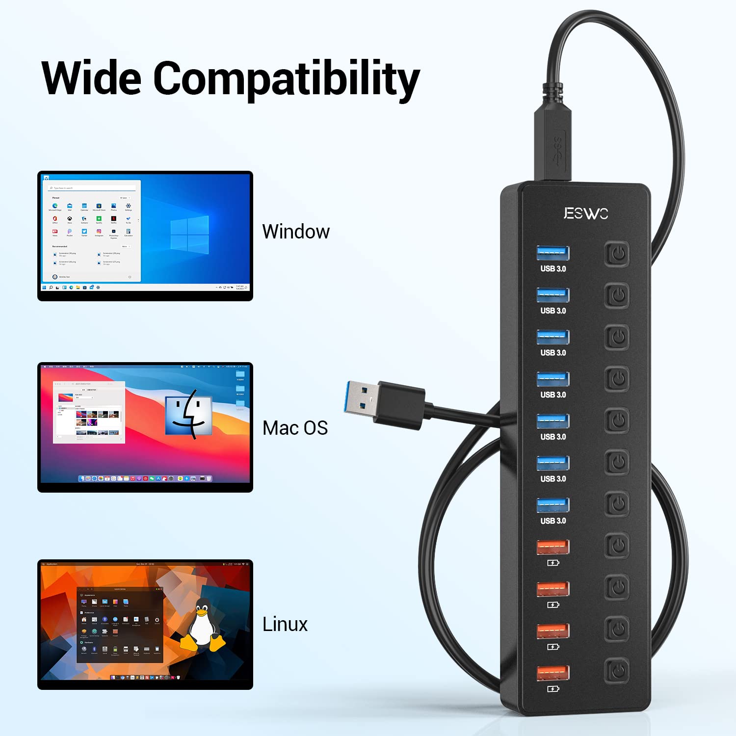 Powered Usb Hub, Jeswo 11 Port Usb Hub 3.0 Splitter (7 Usb 3.0 Data Transfer Ports + 4 Smart Charging Port), Usb Hub Powered Wit