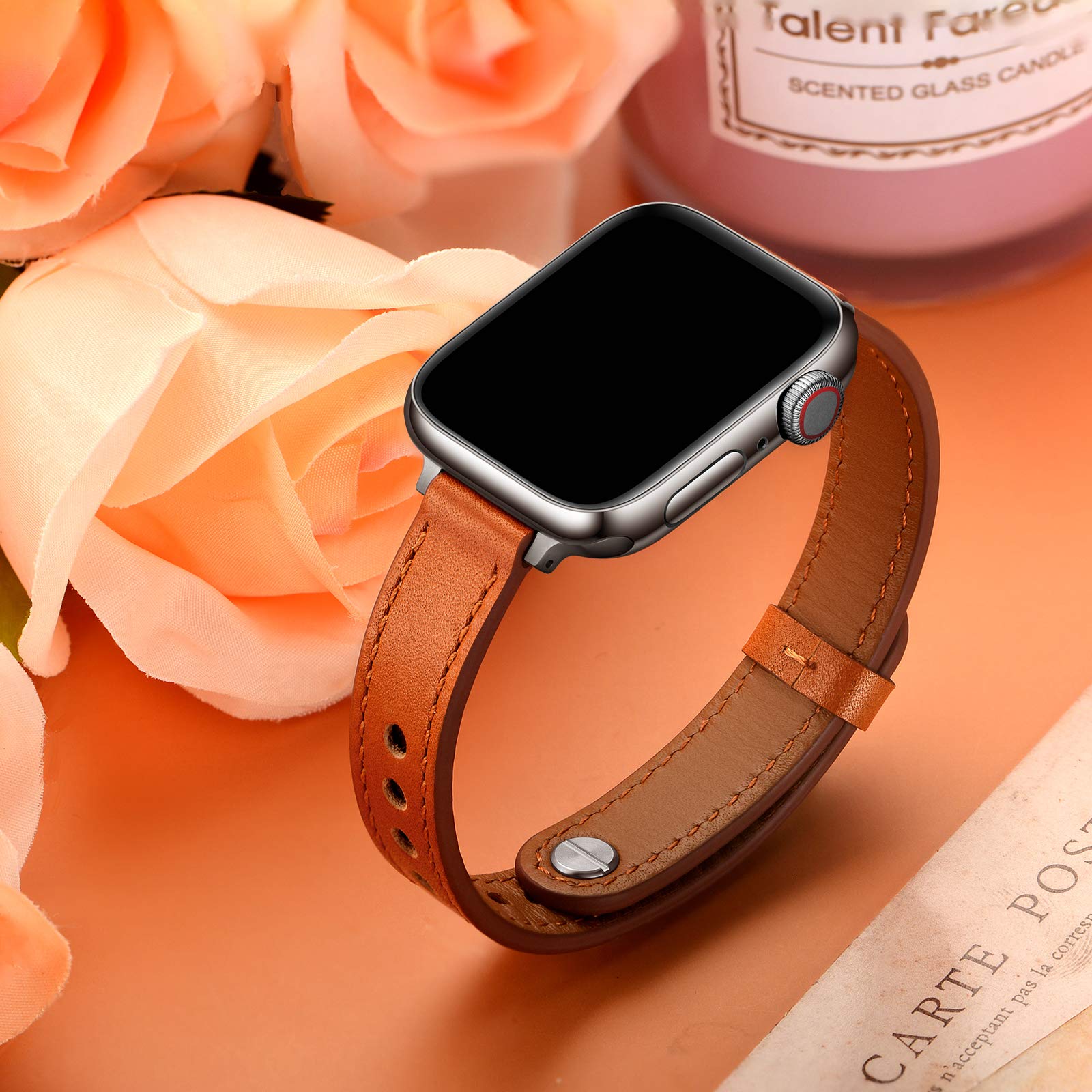 Ouheng Slim Band Compatible With Apple Watch Band 41Mm 40Mm 38Mm, Women Genuine Leather Band Replacement Thin Strap For Iwatch S