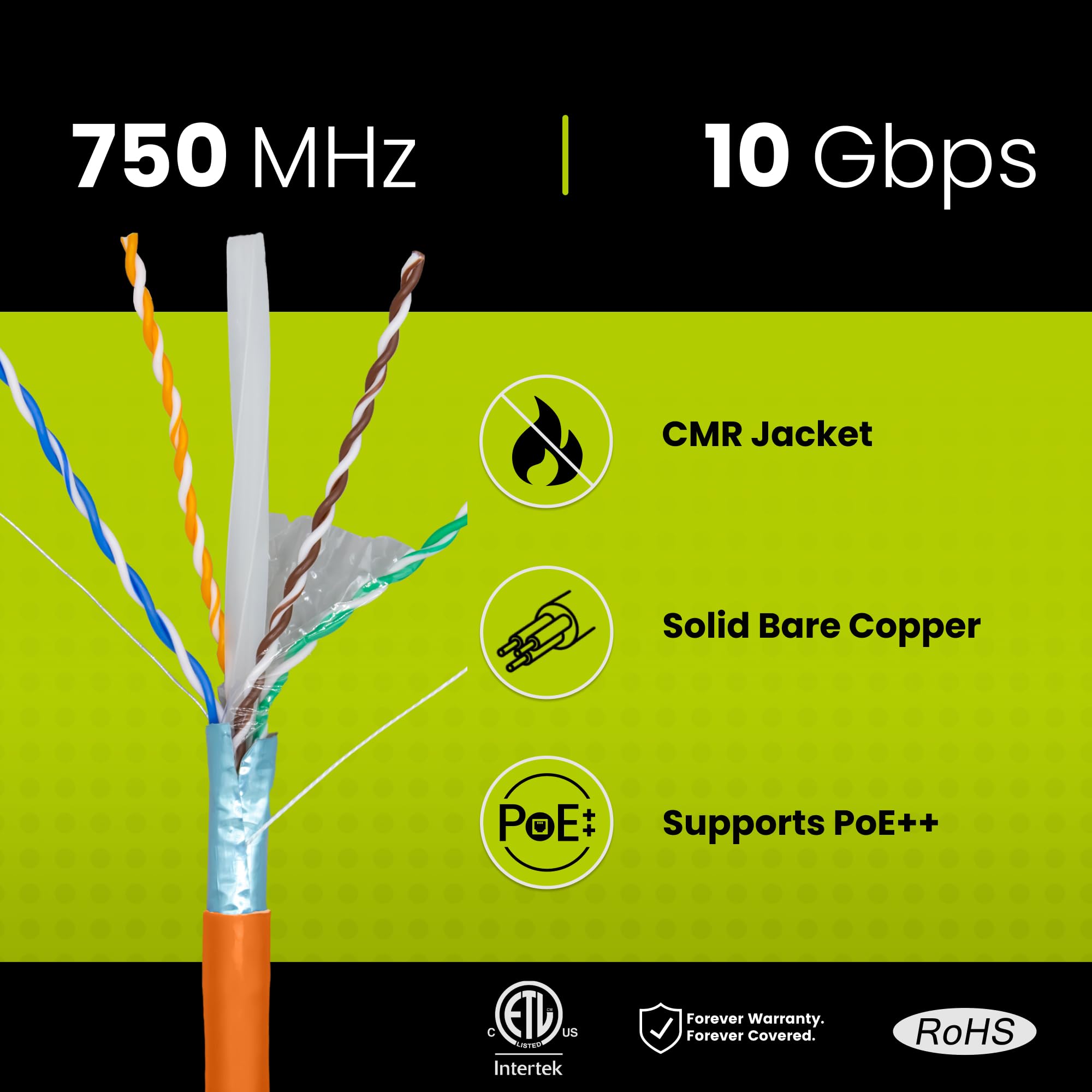 Truecable Cat6A Shielded Riser (Cmr), 1000Ft, Orange, 23Awg Solid Bare Copper, 750Mhz, Poe++ (4Ppoe), Etl Listed, Overall Aluminum Foil Shield (F/Utp), Bulk Ethernet Cable