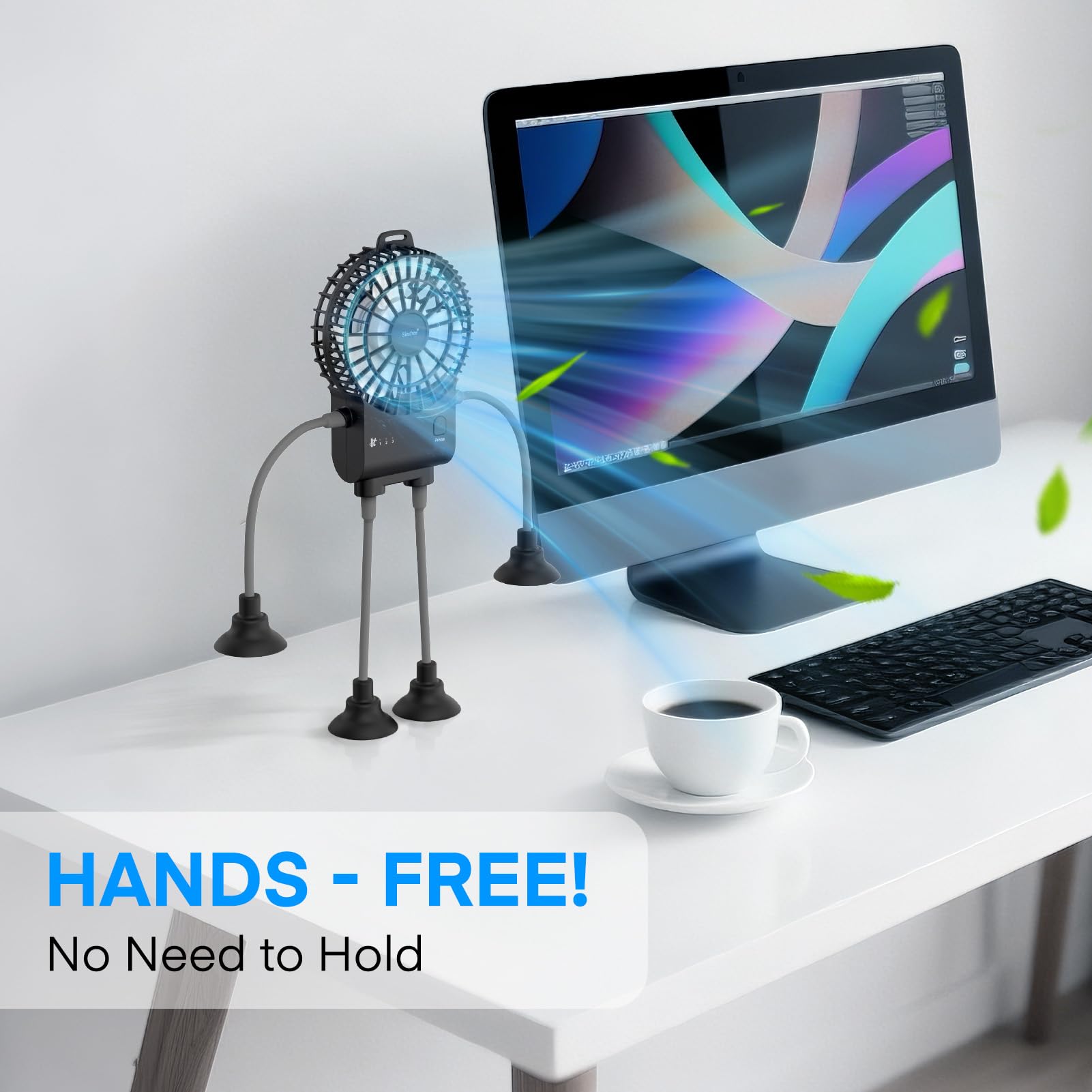 Simfree Portable Fan,Robot Desk Fan With Suckers-Rechargeable Portable Table Fan,3 Speeds Hands Free Fan For Home, Office,Game R