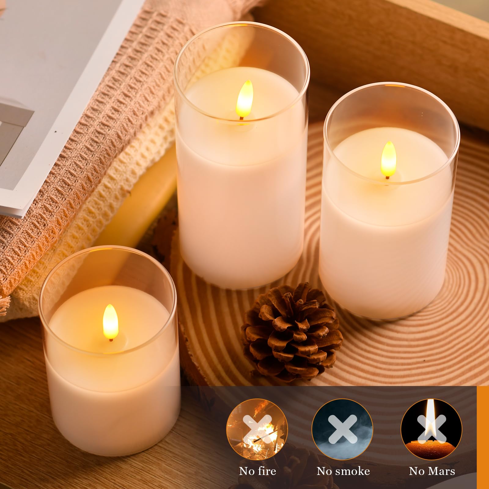 Glass Battery Operated Led Pillar Flameless Candles With10-Key Remote And Timer, Real Wax Candles Warm Color Wick Flickering Lig