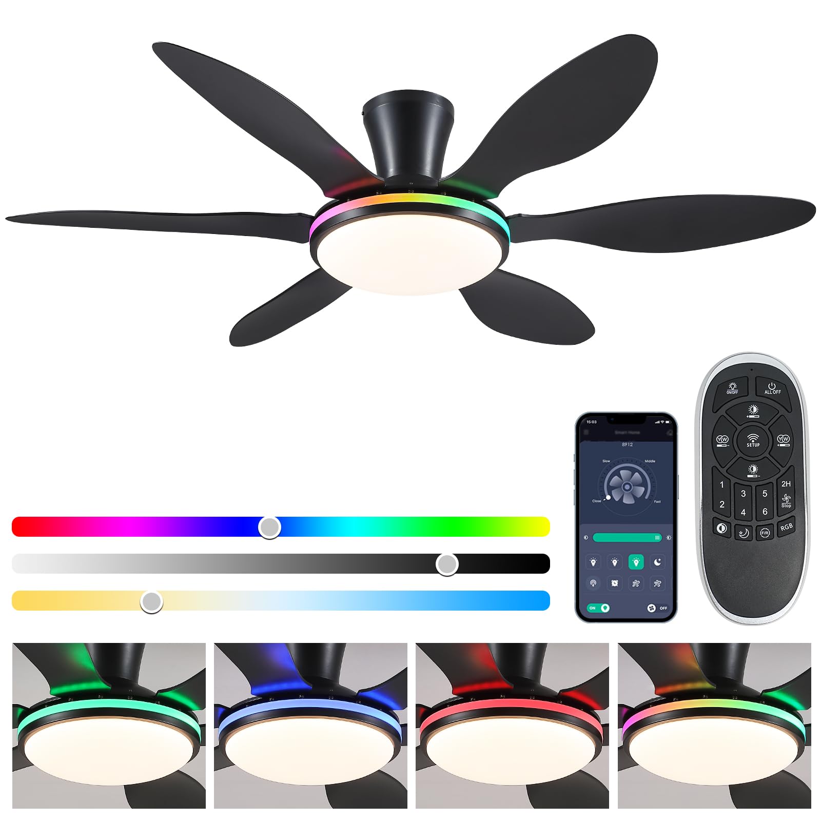 Bayday Ceiling Fans With Lights, Flush Mount Ceiling Fan Led Lights Quiet Dc Dimmable 6 Blades (Black Fan, Led Light + Side Rgb