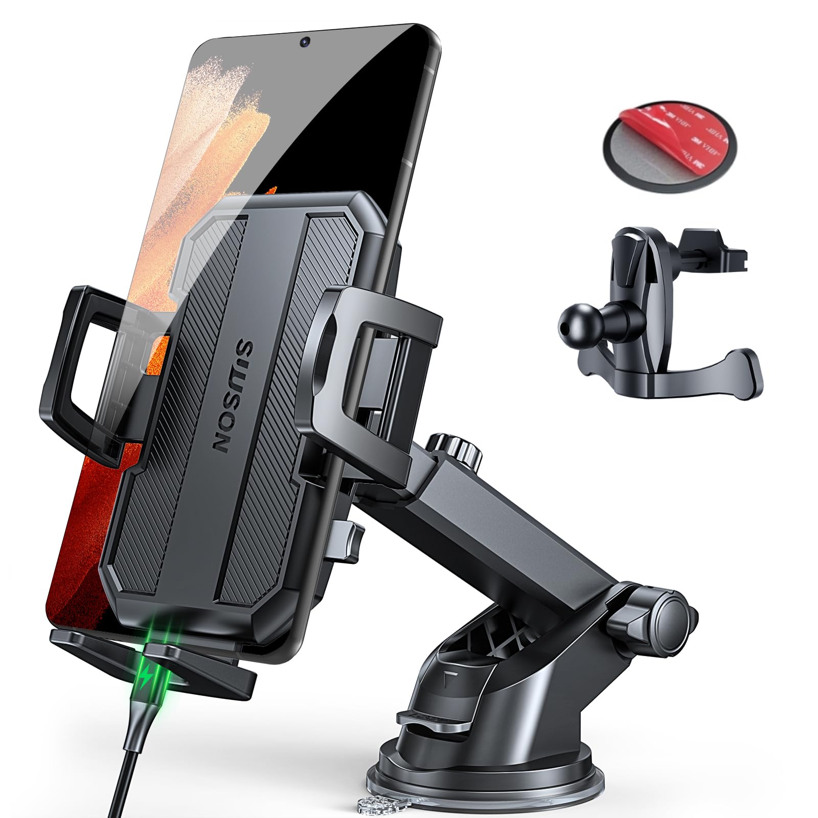 SUUSON 3 in 1 Phone Holders for Your Car, Car Phone Holder Mount [Strongest Suction] 360 Adjustable Cell Phone Holders for Car P