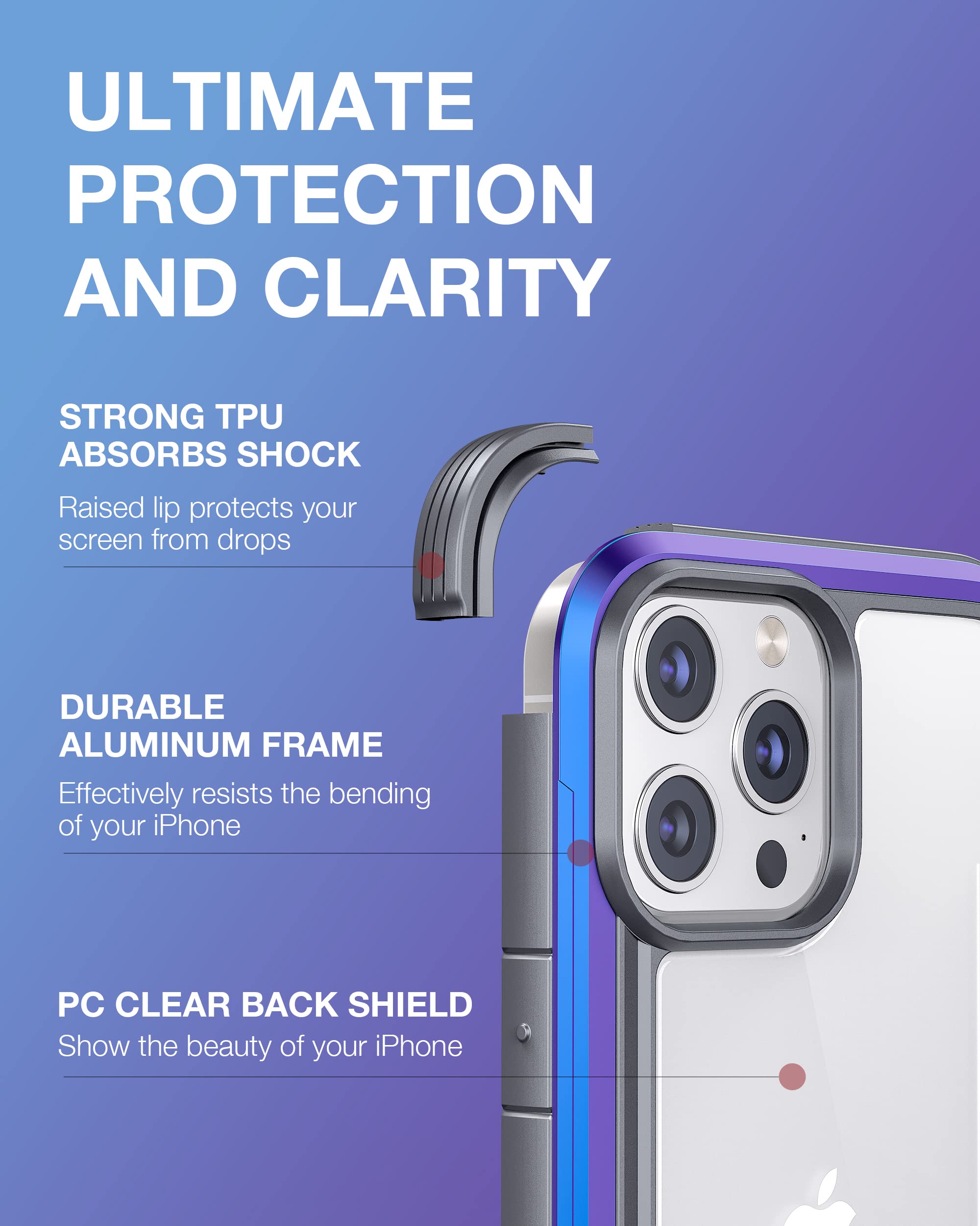 Raptic Shield For Iphone 13 Pro Case, Shockproof Protective Clear Case, Military 10Ft Drop Tested, Durable Aluminum Frame, Anti
