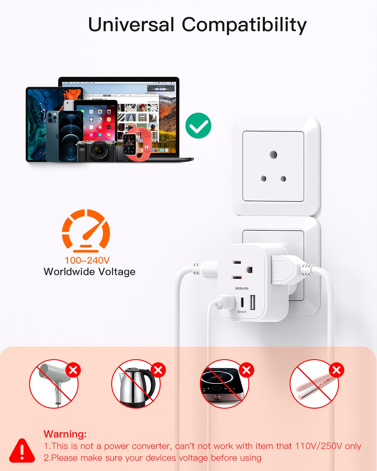 ?2 Pack? Us To India Plug Adapter, Type D Travel Plug With 3 Outlets 3 Usb Ports(2 Usb C), 6 In 1 India Power Travel Adapter For
