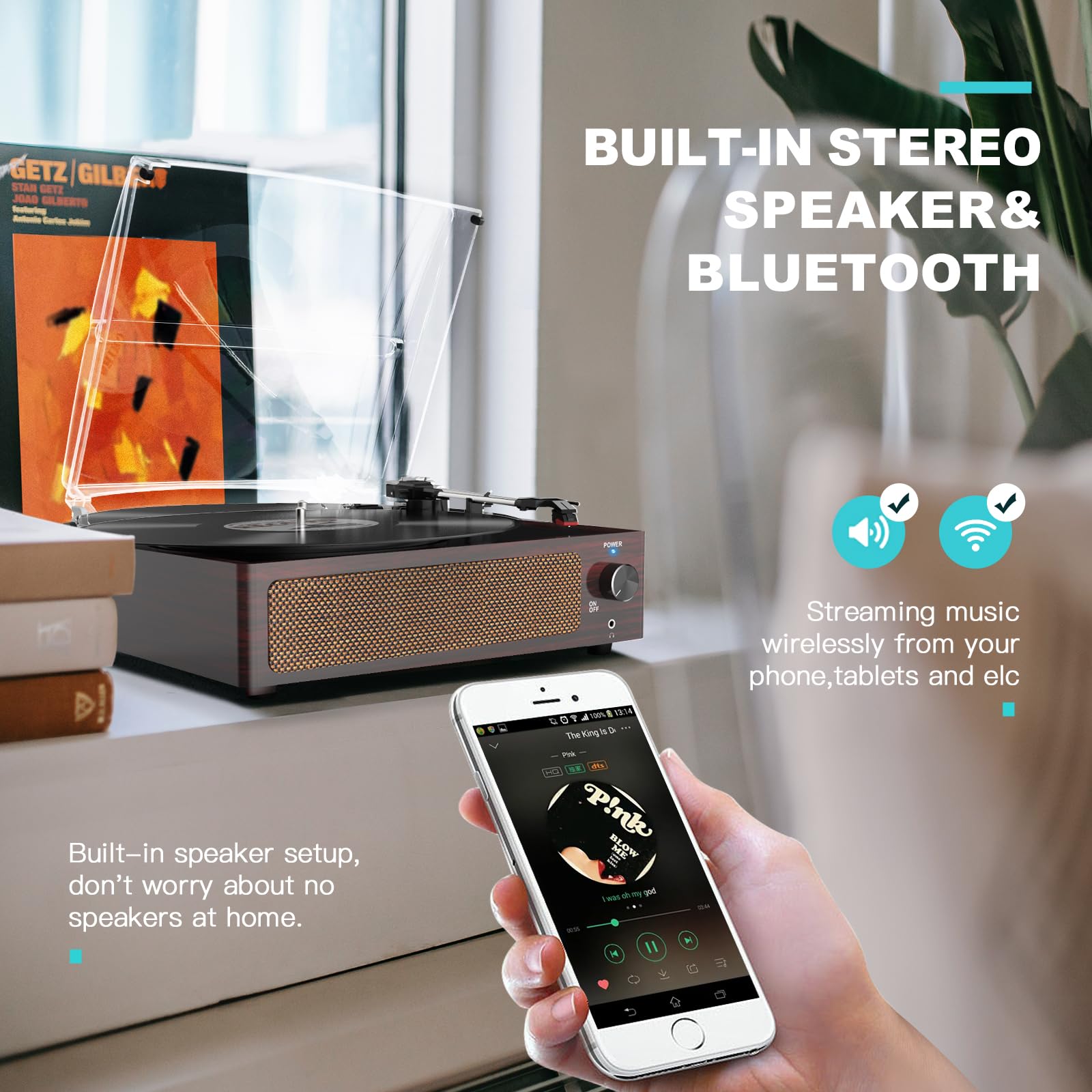 Wockoder Vinyl Record Players Turntable With Speakers Belt Driven Turntables For Vinyl Records 3 Speed Lp Vinyl Player Wireless