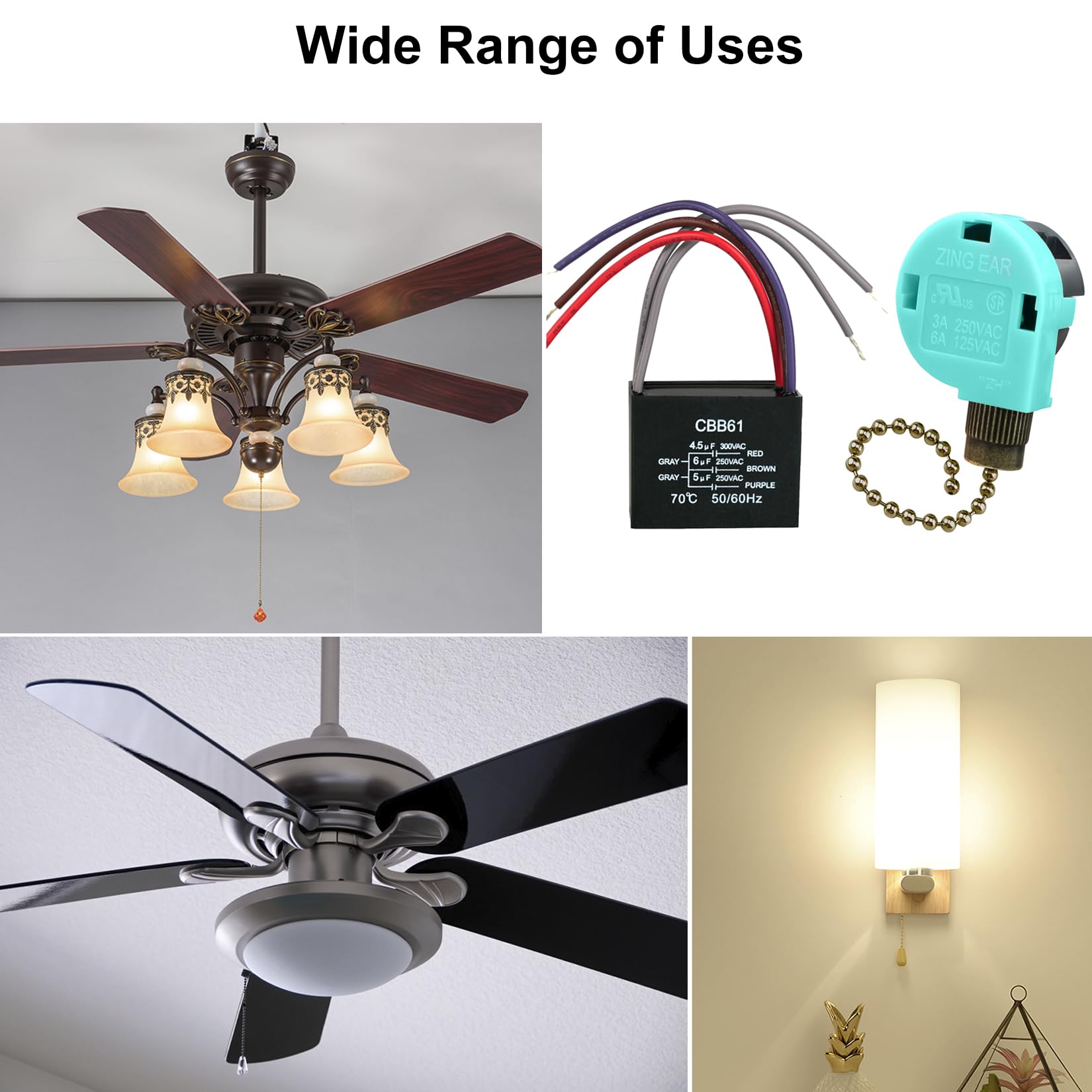 Ceiling Fan Capacitor Cbb61 4.5Uf + 6Uf + 5Uf 5Wire 250V, Ceiling Fan Switch 3 Speed 4 Wire Pull Chain Switch For Fan, Wall Lamp