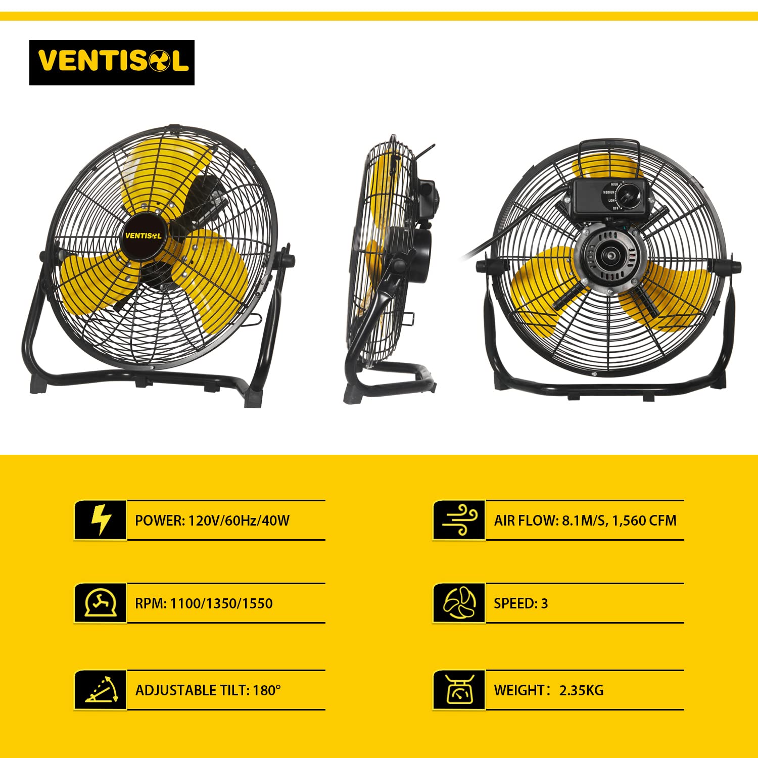 Ventisol 12 Inch 1560 Cfm High Velocity Heavy Duty Floor Fan With 3 Powerful Speeds,Portable Metal Fan,180Tilting Quiet Shop Fan