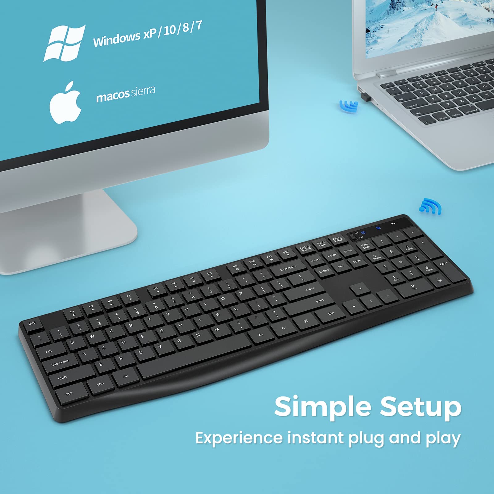 Lovaky Mk98 Wireless Keyboard, 2.4G Ergonomic, Computer Keyboard, Enlarged Indicator Light, Full Size Pc Keyboard With Numeric K