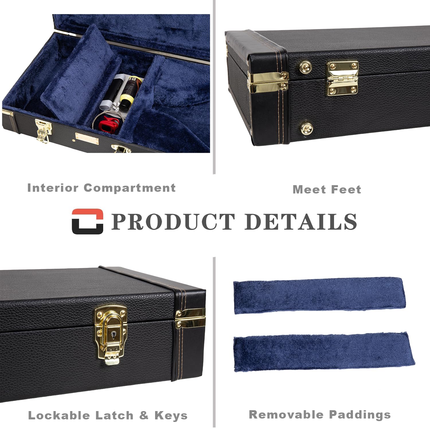 Crossrock Rectangular Wooden Case Fits A-Style Mandolins, With Accessory Compartment, Stainless Steel Latches, Metal Feet-Black