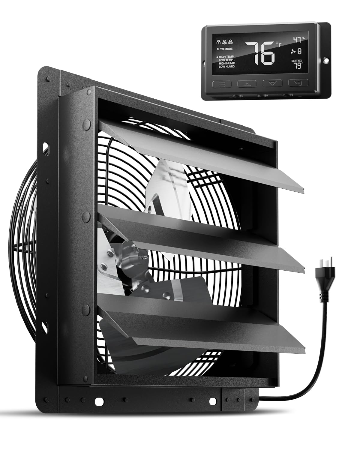 Hg Power 12 Inch Attic Fan With Thermostat, 971 Cfm Shutter Exhaust Fan With Smart Temperature Humidity Controller, Wall Mounted