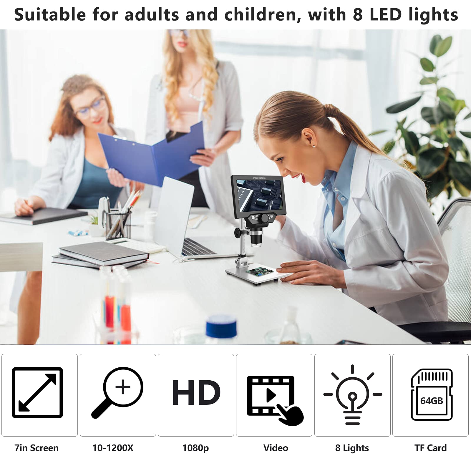 Uf Tools 7 Inch Lcd Digital Microscope With 64Gb Tf Card, 1200X Magnification, 12Mp Ultra Precise Focusing Camera 1080P Video Mi