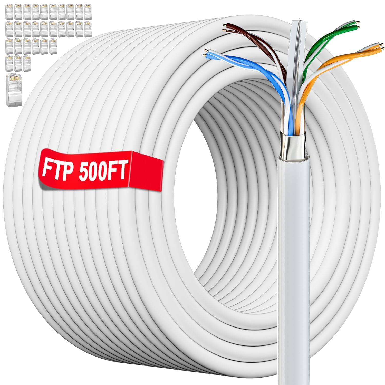 Cat 6 Ethernet Cable Bulk 500Ft With 30 Rj45 Connectors, Outdoor&Indoor Cat 6 Shielded Ethernet Cable 23Awg, Heavy Duty, Direct