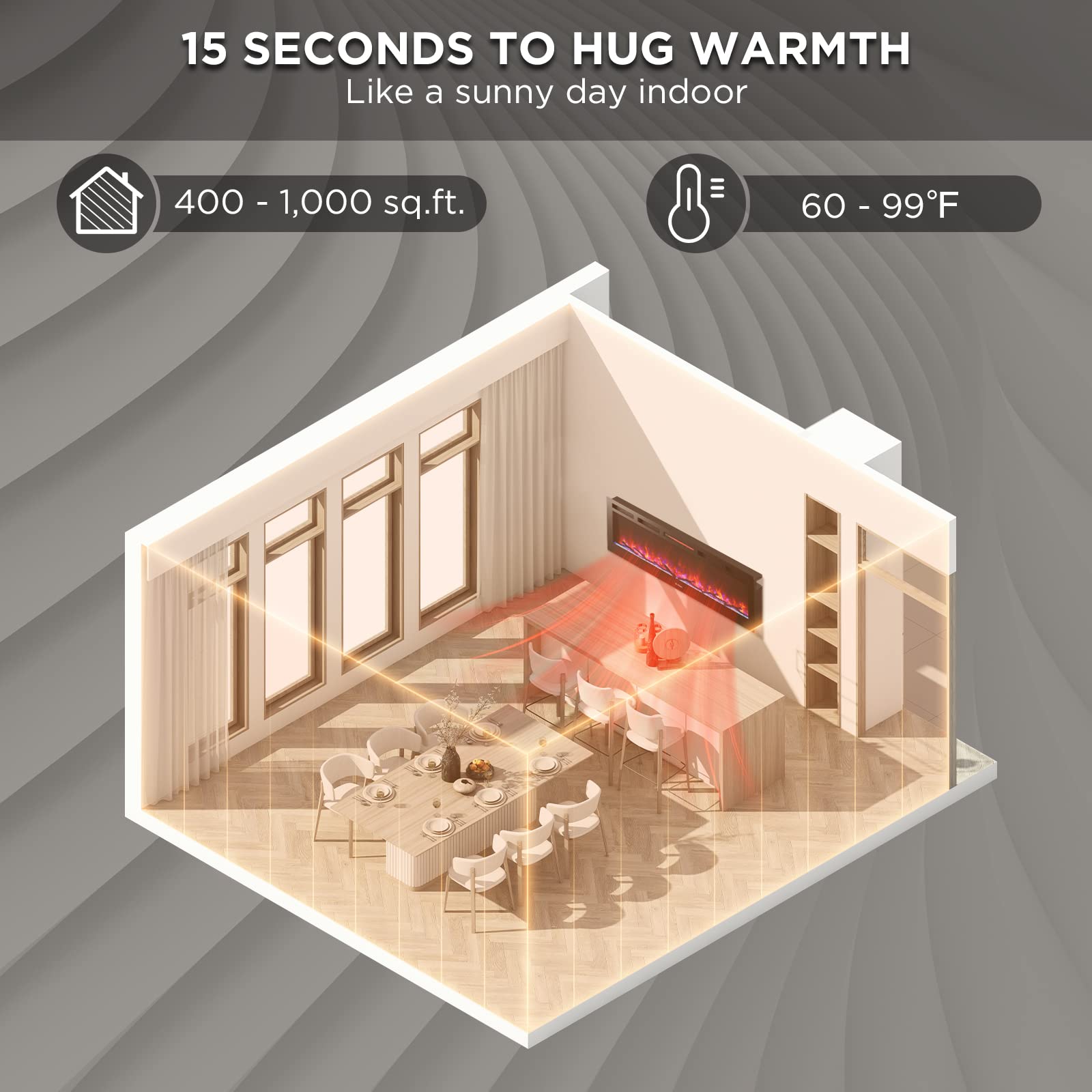 Turbro 60    Smart Wifi Infrared Electric Fireplace With Sound Crackling And Realistic Flame, 1500W Quartz Heater, Recessed Or W