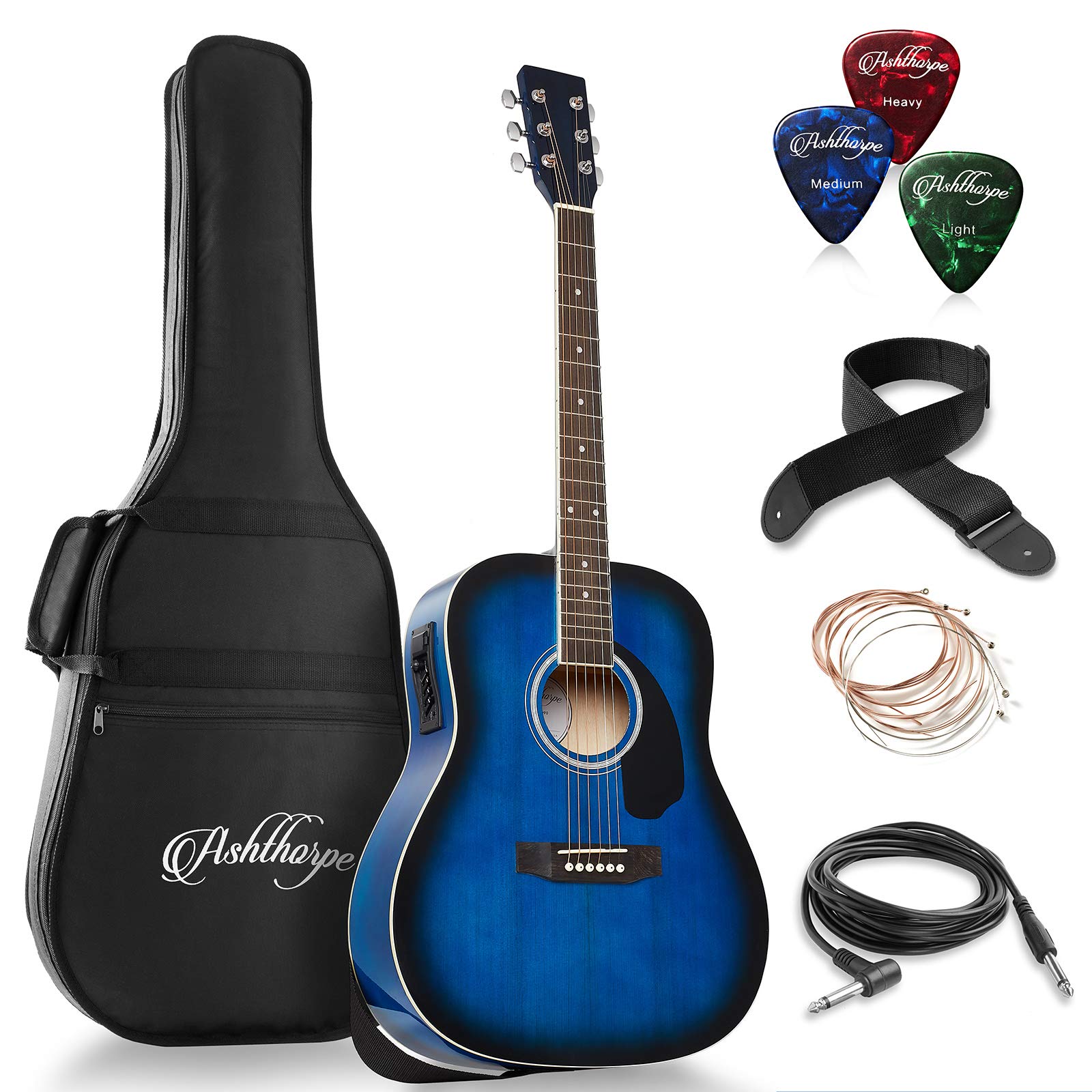 Ashthorpe Full Size Dreadnought Acoustic Electric Guitar Bundle   Premium Tonewoods   Blue