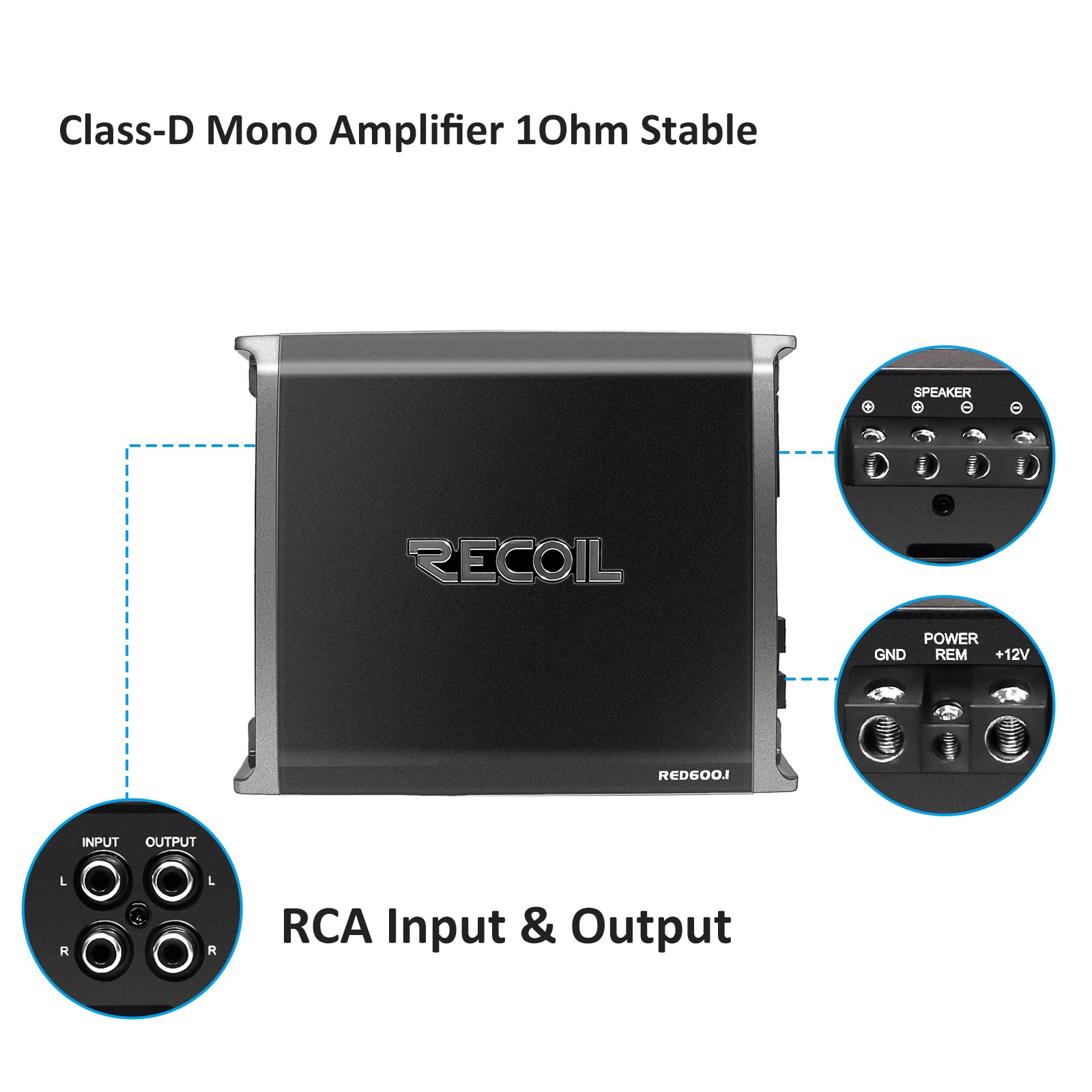 Recoil Red600 1 1320 Watts Class D Car Audio Mono Block Subwoofer Amplifier, 1 Ohm Stable, Remote Bass Knob Included