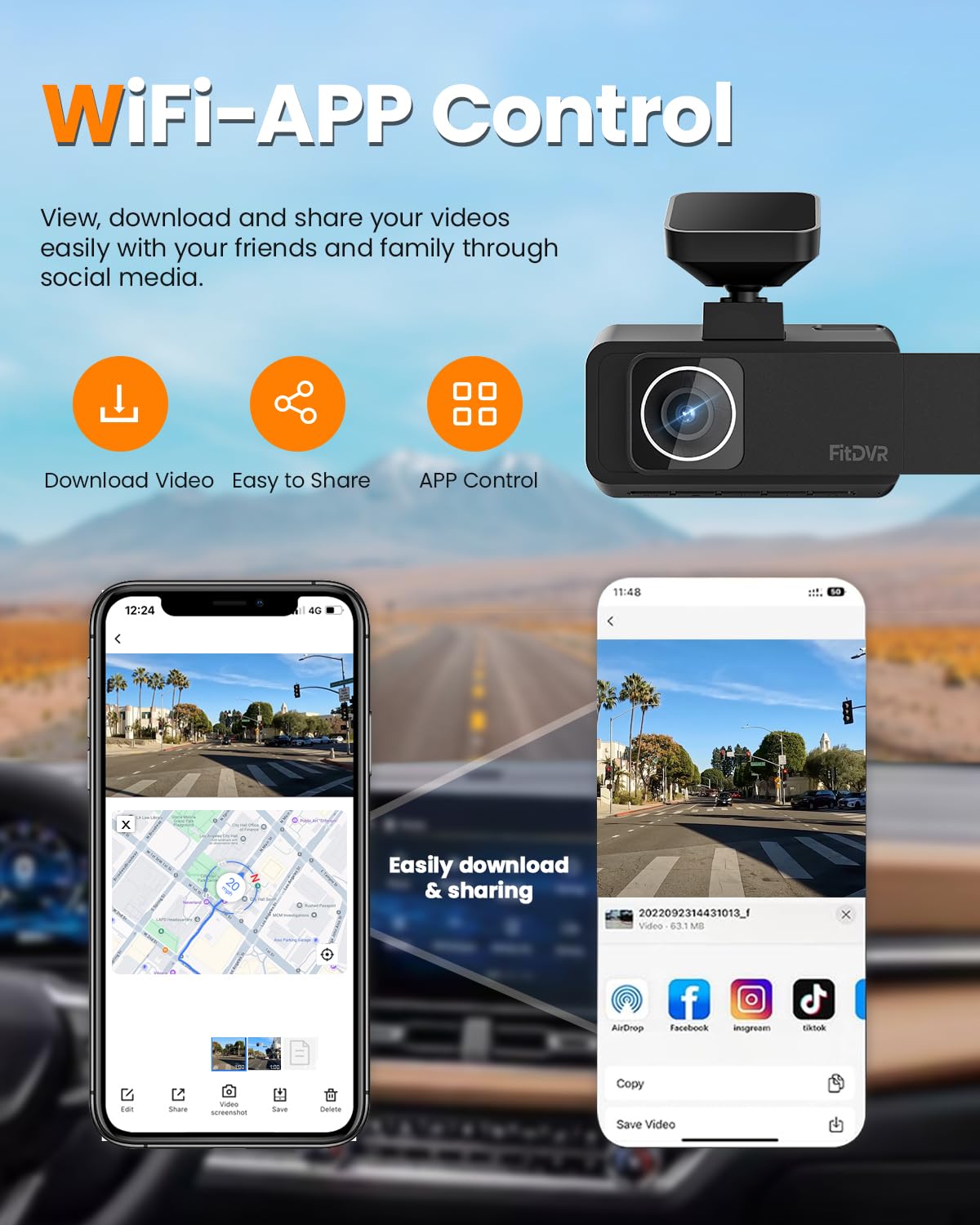 Fitdvr 4K 3 Channel Dash Cam, 2160P+1080P+1080P Front And Rear Inside Car Camera With 64Gb Card, Wifi Built-In Gps, 3 Ips Screen
