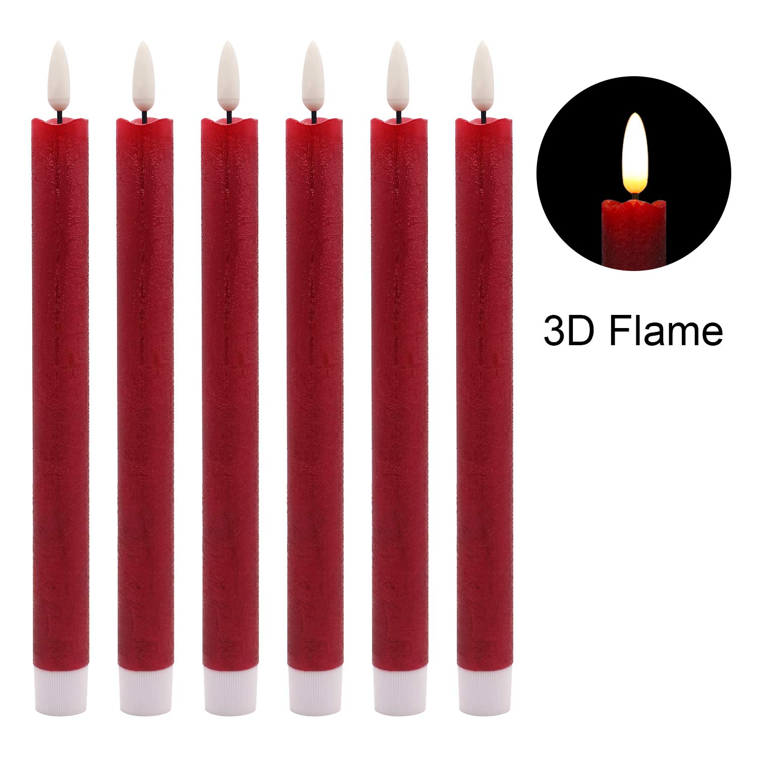Wondise Flameless Taper Candles With Timer, Battery Operated Real Wax Realistic 3D Wick Burgundy Candles, For Home Wedding Holid