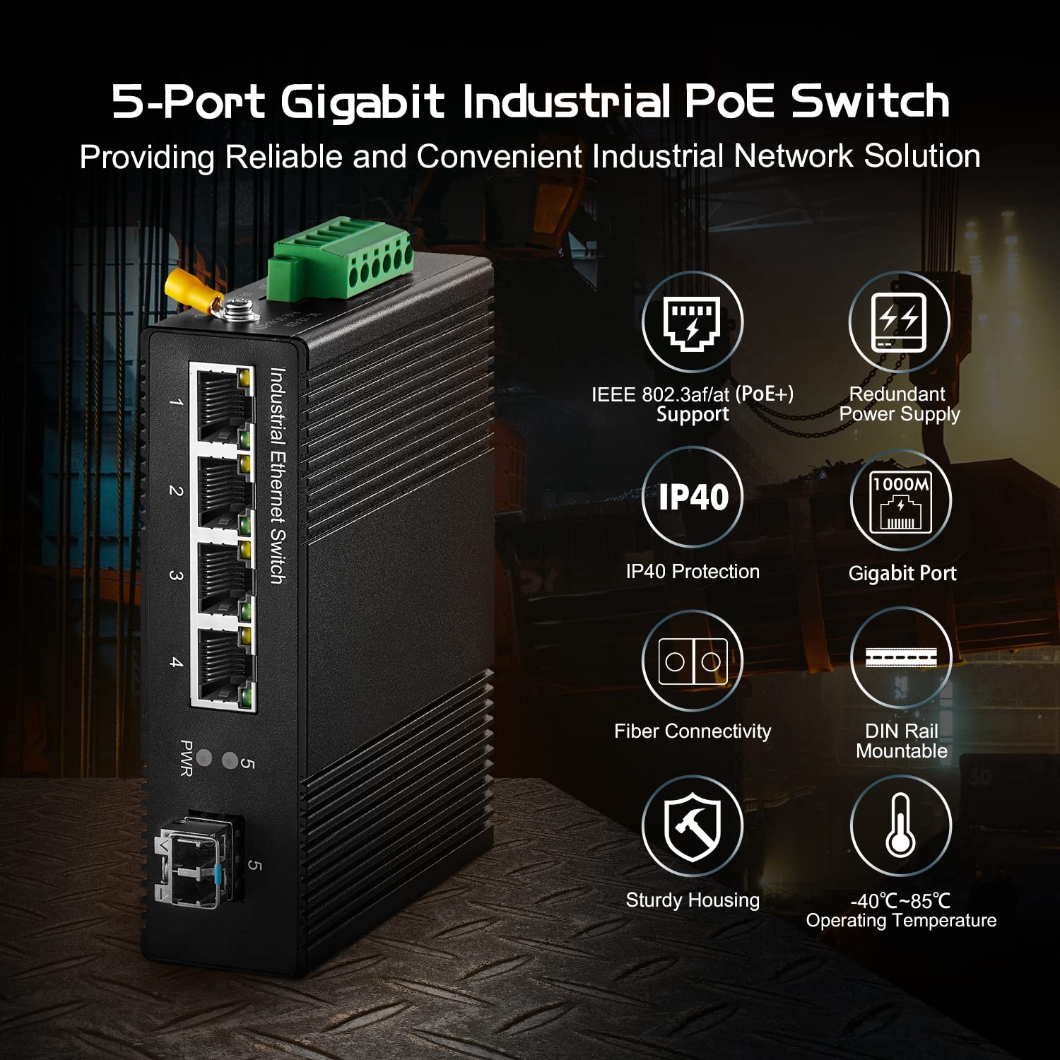 Binardat 5 Port Gigabit Poe Din Rail Industrial Ethernet Switch, 4 Poe Ieee802.3Af/At, 1 Sfp Port With 20Km Lc Module, With One