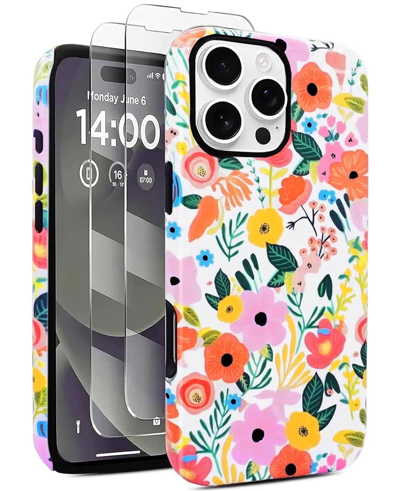 J.west Compatible with iPhone 16 Pro Case 6.3 inch with 2 Pack Tempered Glass Screen Protectors Vintage Leopard Floral Hybrid Co