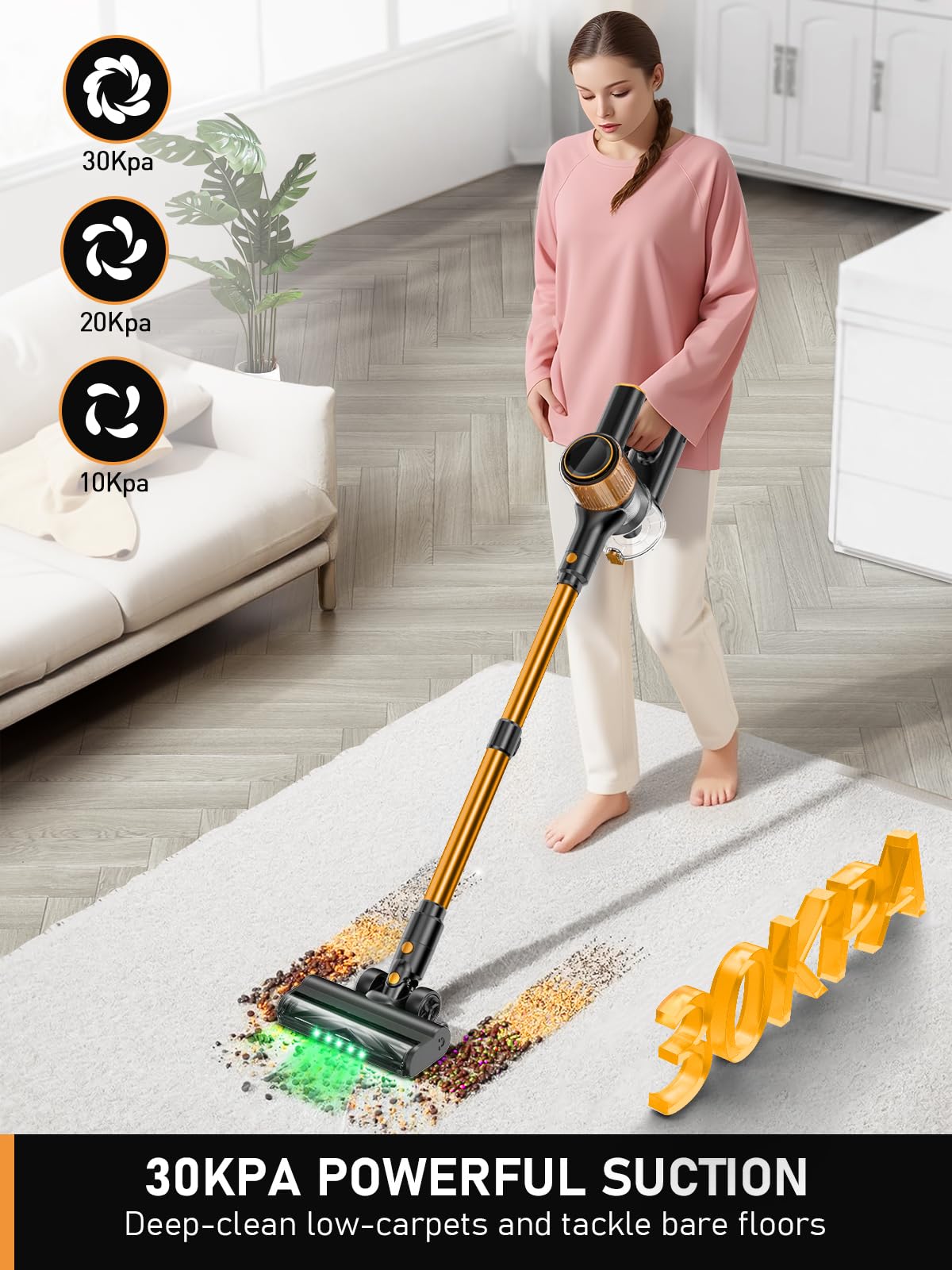 Cordless Vacuum Cleaner, 350W/30Kpa 8 In 1 Stick Vacuum With Anti Tangle Brush, Upgraded Green Led Light, 40Min Runtime, Lightwe
