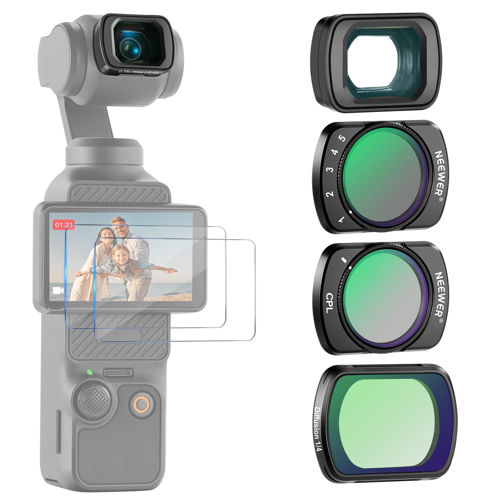 NEEWER Filter Set (3 Pack) with 0.75X Wide Angle Lens 108 FOV, Variable ND 2-32 CPL 1/4 Black Mist Diffusion Filter Compatible w