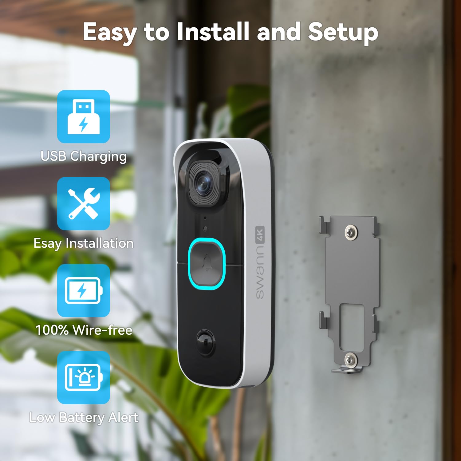Swann Buddy4K Uhd Wireless Video Doorbell & Chime | No Monthly Fee | Ultra Wide 165 View | Smart Analytics | 2 Way Audio | Night