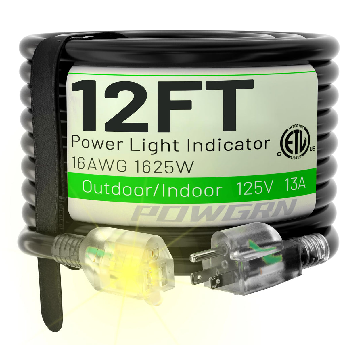 Extension Cord 12 Foot Black, 16/3 Gauge Indoor Power Extension Cofrd With Lighted End 13A 125V 1625W 16Awg, 3 Prong Outlet Save