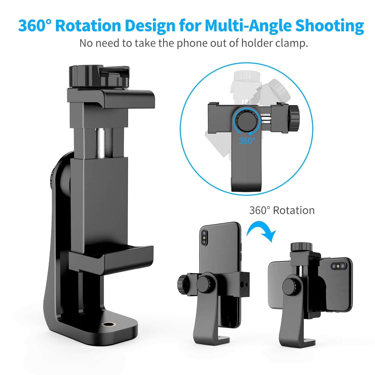 Owine Dual Cell Phone Tripod Mount Adapter 360° Rotation Hot Shoe Clamp Plastic Black