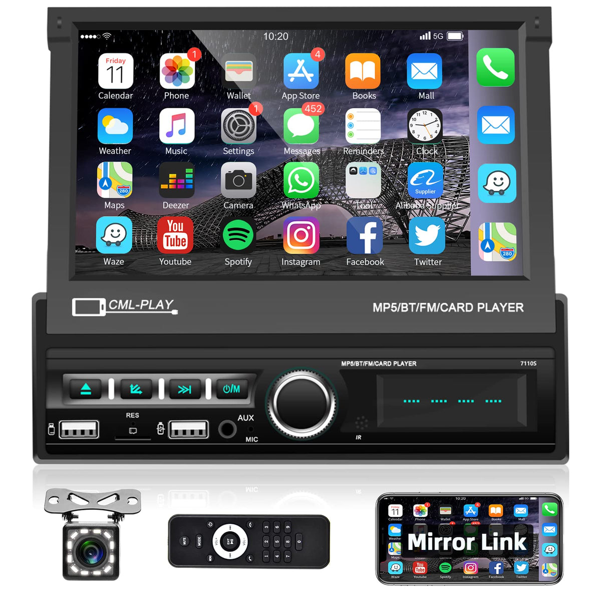 Podofo Single Din Touchscreen Car Stereo 7 Inch Motorized Flip Out Screen Car Radio In Dash Head Unit Support Bluetooth Fm Aux U