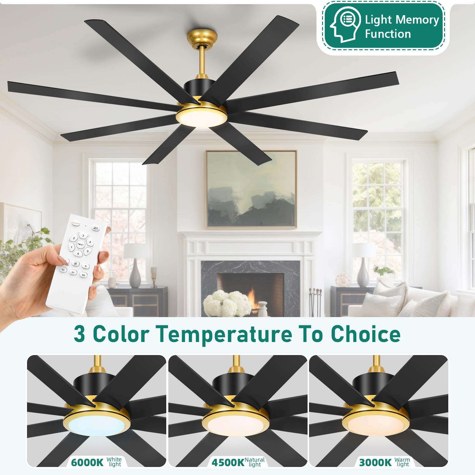 Yitahome 72 Inch Ceiling Fans With Lights And Remote Control For Indoor, Reversible Quiet Dc Motor, 8 Blades With 6 Speed, Moder