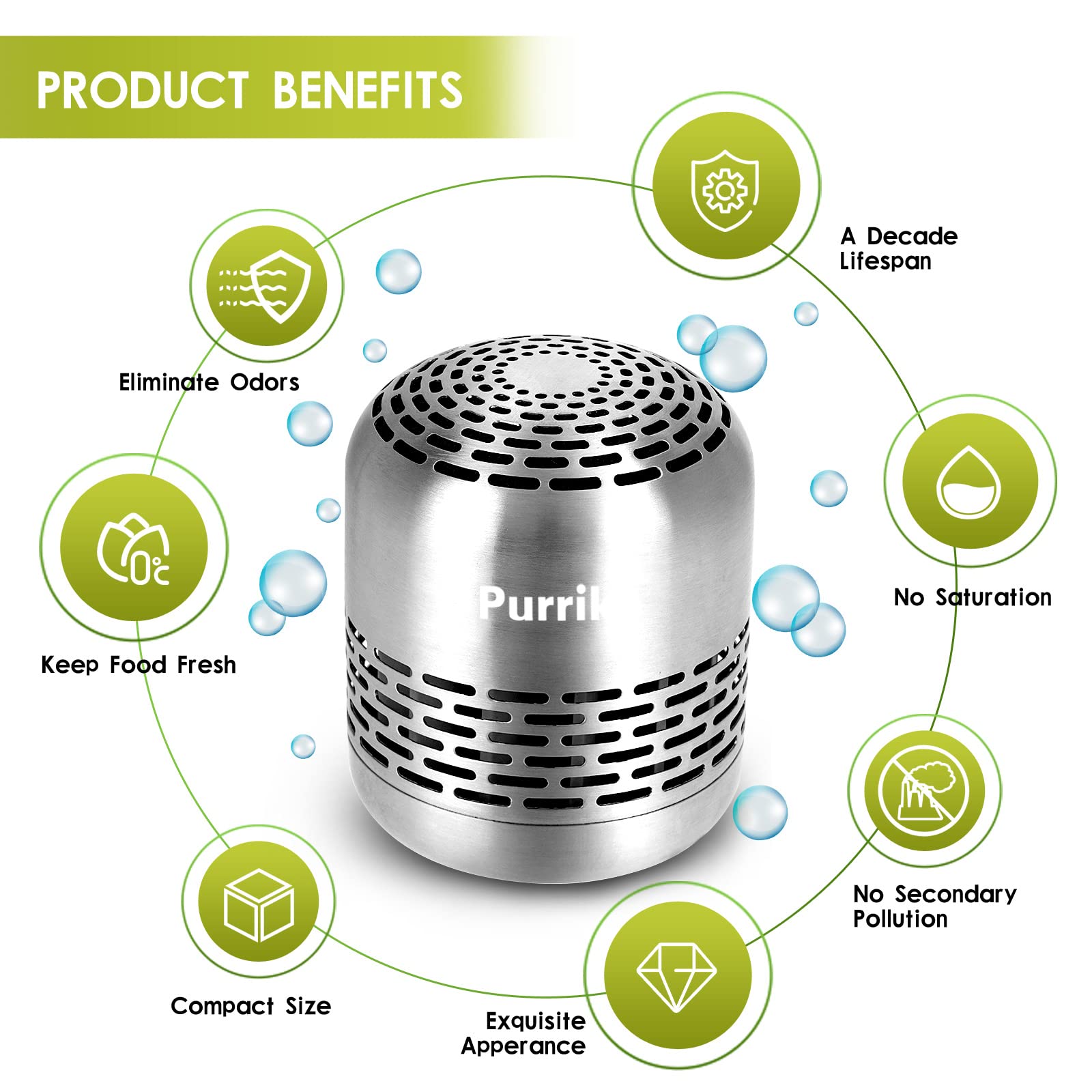Purriko Refrigerator Deodorizer, Odour-Removal Box Q8, Stainless Steel, Lasts 10 Years, 1 Count